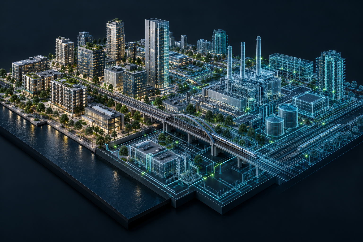 Illustrative urban and industrial district transitioning from physical buildings to a luminous digital twin, with connected transport and energy infrastructure.